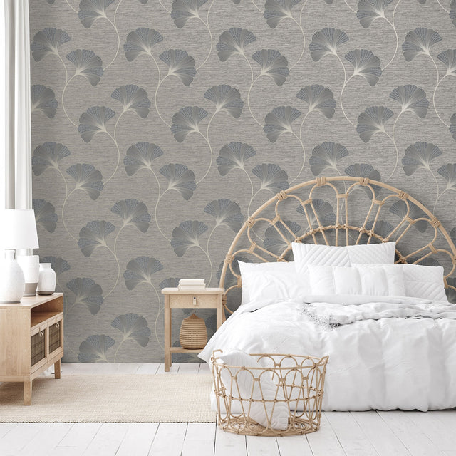 Miya Grey Ginkgo Textured Vinyl Wallpaper with Metallic Botanical Motif - Fine Decor FD43149