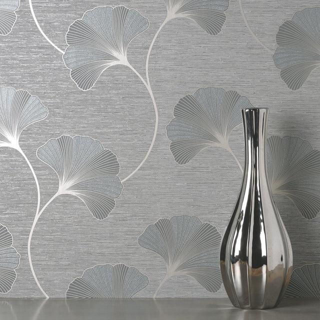 Miya Grey Ginkgo Textured Vinyl Wallpaper with Metallic Botanical Motif - Fine Decor FD43149