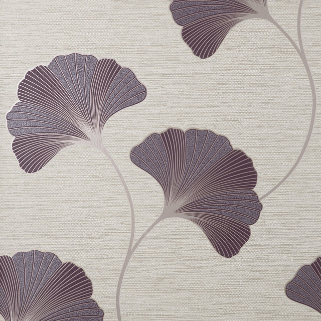 Miya Plum Ginkgo Textured Vinyl Wallpaper with Metallic Botanical Motif - Fine Decor FD43150