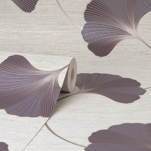 Miya Plum Ginkgo Textured Vinyl Wallpaper with Metallic Botanical Motif - Fine Decor FD43150
