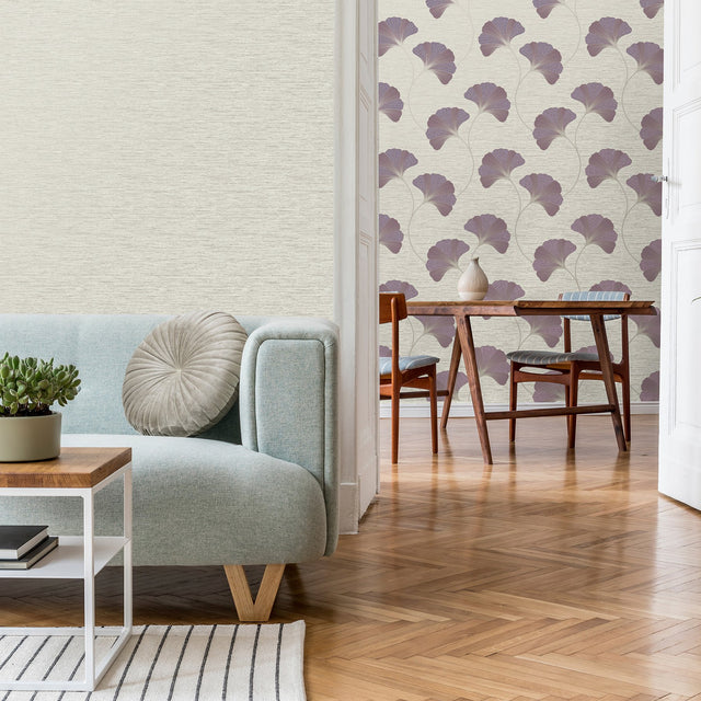 Miya Plum Ginkgo Textured Vinyl Wallpaper with Metallic Botanical Motif - Fine Decor FD43150