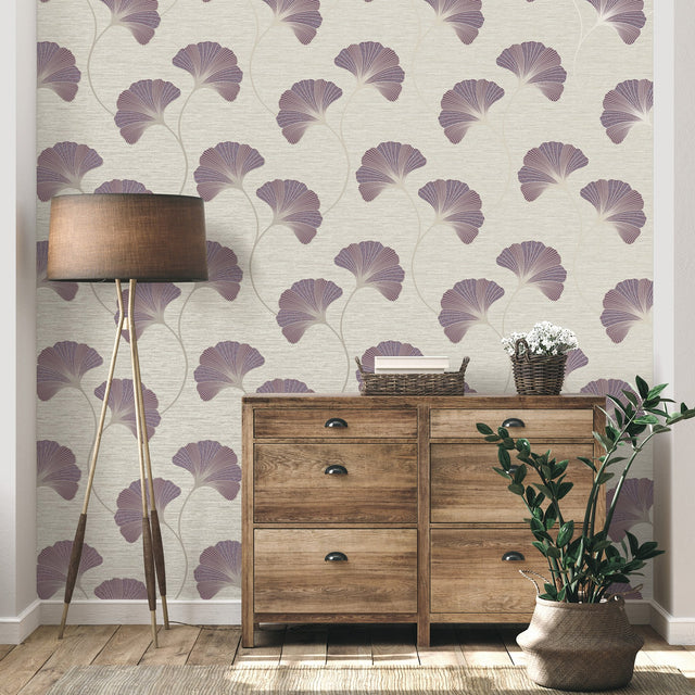 Miya Plum Ginkgo Textured Vinyl Wallpaper with Metallic Botanical Motif - Fine Decor FD43150