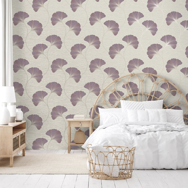 Miya Plum Ginkgo Textured Vinyl Wallpaper with Metallic Botanical Motif - Fine Decor FD43150