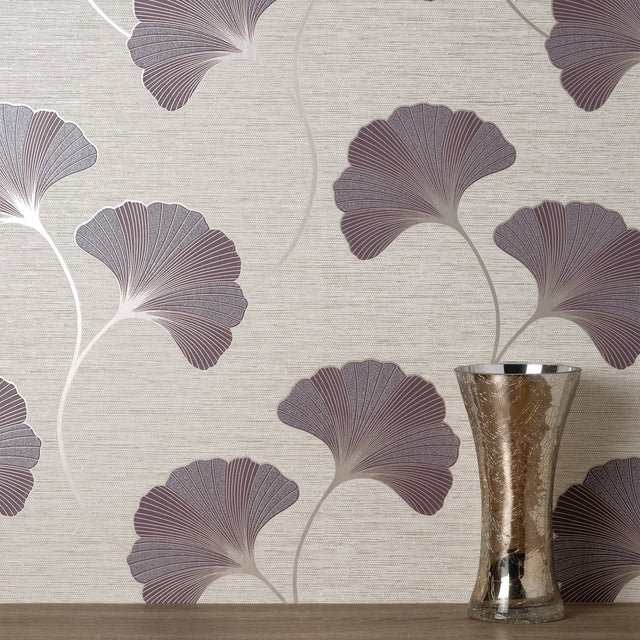 Miya Plum Ginkgo Textured Vinyl Wallpaper with Metallic Botanical Motif - Fine Decor FD43150