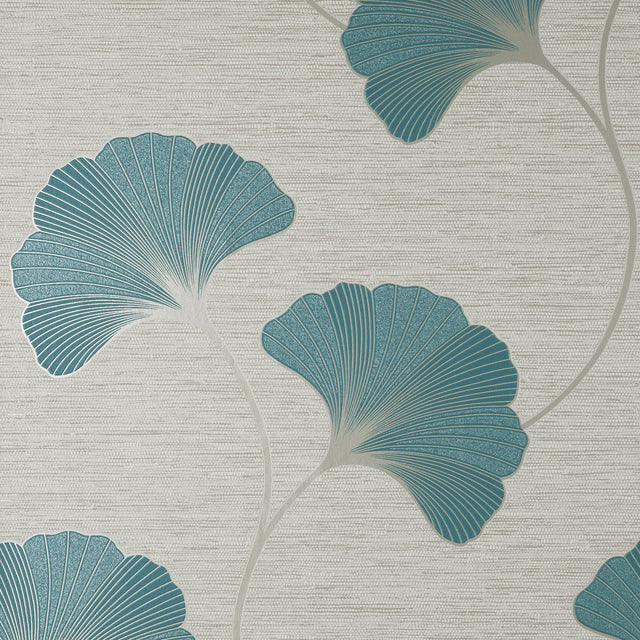 Miya Teal Ginkgo Textured Vinyl Wallpaper with Metallic Botanical Motif - FD43151