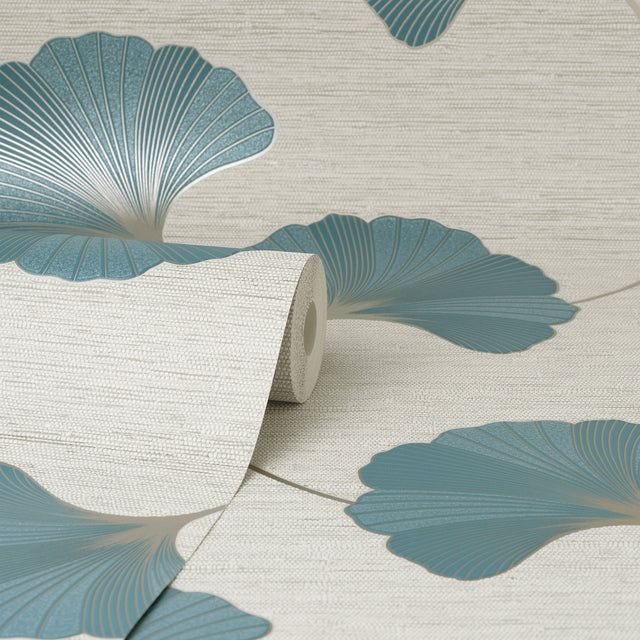 Miya Teal Ginkgo Textured Vinyl Wallpaper with Metallic Botanical Motif - FD43151