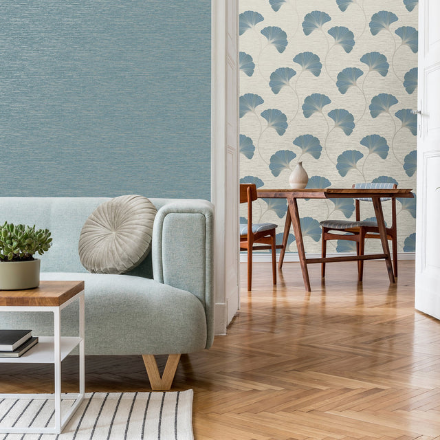 Miya Teal Ginkgo Textured Vinyl Wallpaper with Metallic Botanical Motif - FD43151
