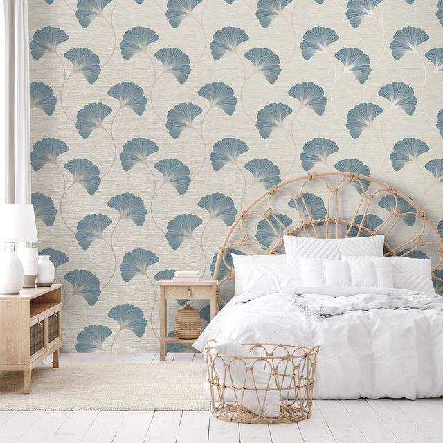 Miya Teal Ginkgo Textured Vinyl Wallpaper with Metallic Botanical Motif - FD43151