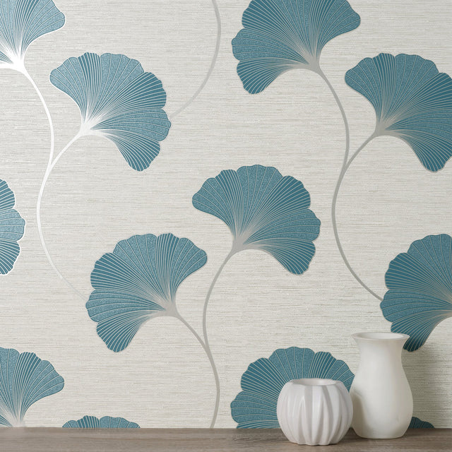 Miya Teal Ginkgo Textured Vinyl Wallpaper with Metallic Botanical Motif - FD43151