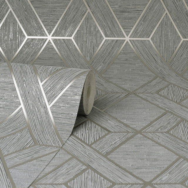 Malcolm Grey Geo Wallpaper with Metallic Textured Geometric Pattern - Fine Decor FD43152