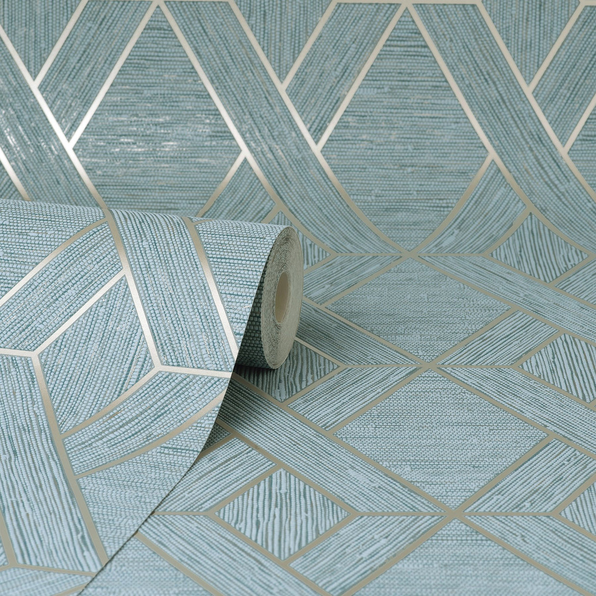 Malcolm Teal Geo Wallpaper with Metallic Textured Geometric Pattern - Fine Decor FD43154
