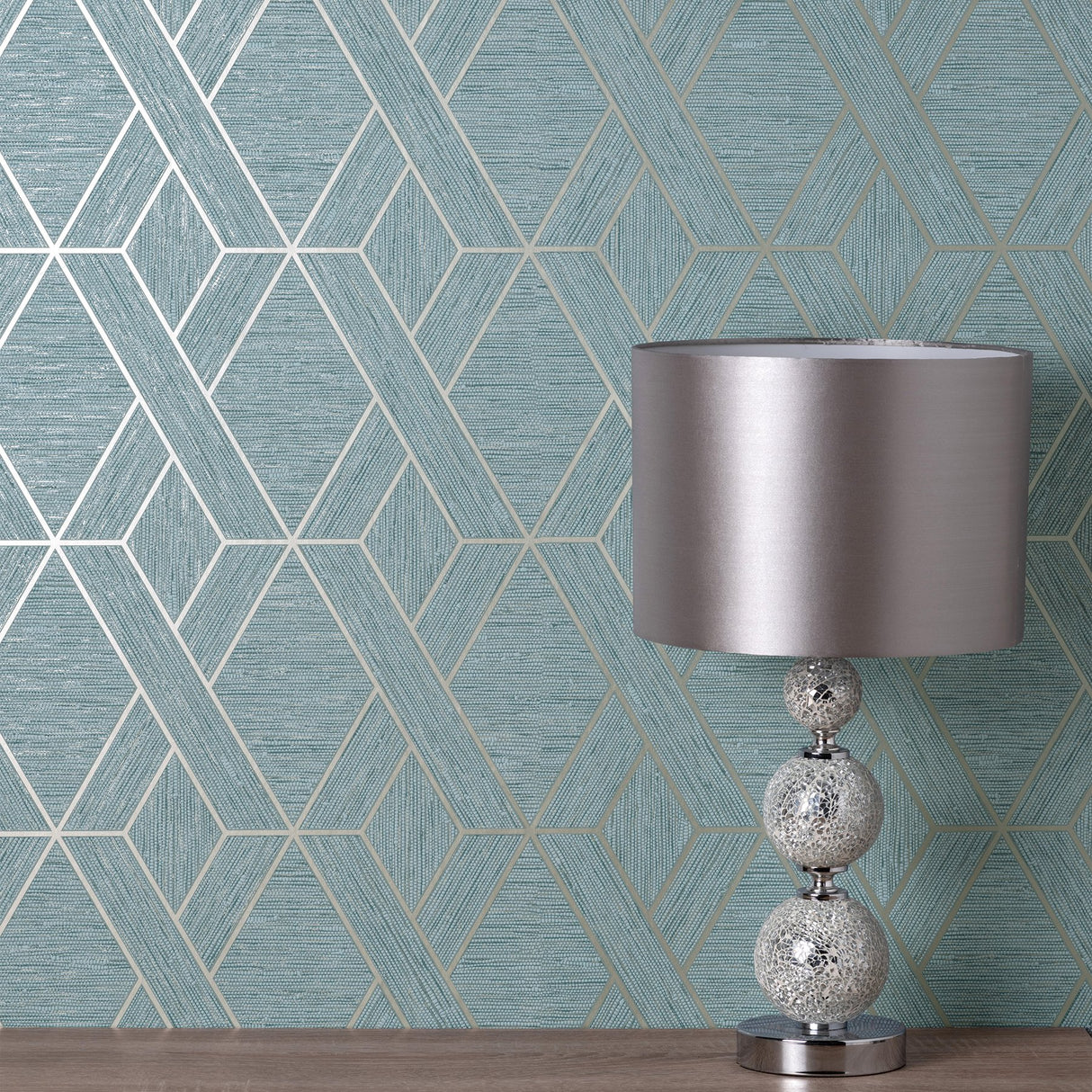 Malcolm Teal Geo Wallpaper with Metallic Textured Geometric Pattern - Fine Decor FD43154