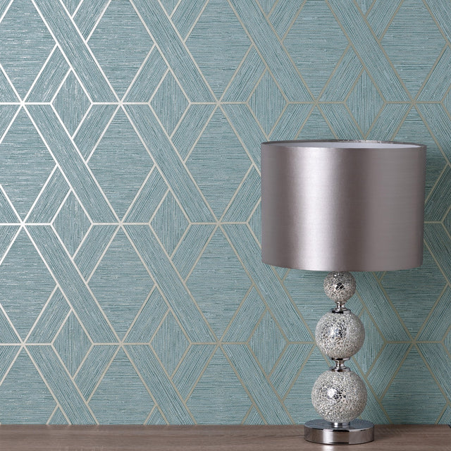 Malcolm Teal Geo Wallpaper with Metallic Textured Geometric Pattern - Fine Decor FD43154
