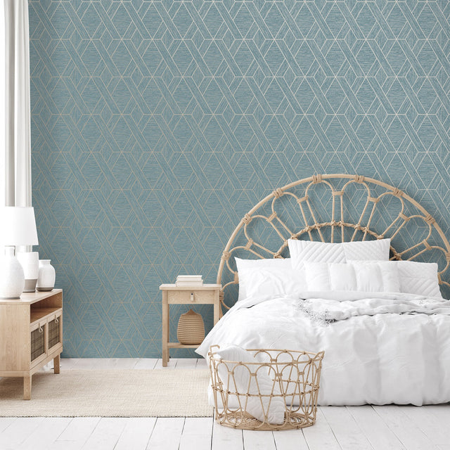 Malcolm Teal Geo Wallpaper with Metallic Textured Geometric Pattern - Fine Decor FD43154