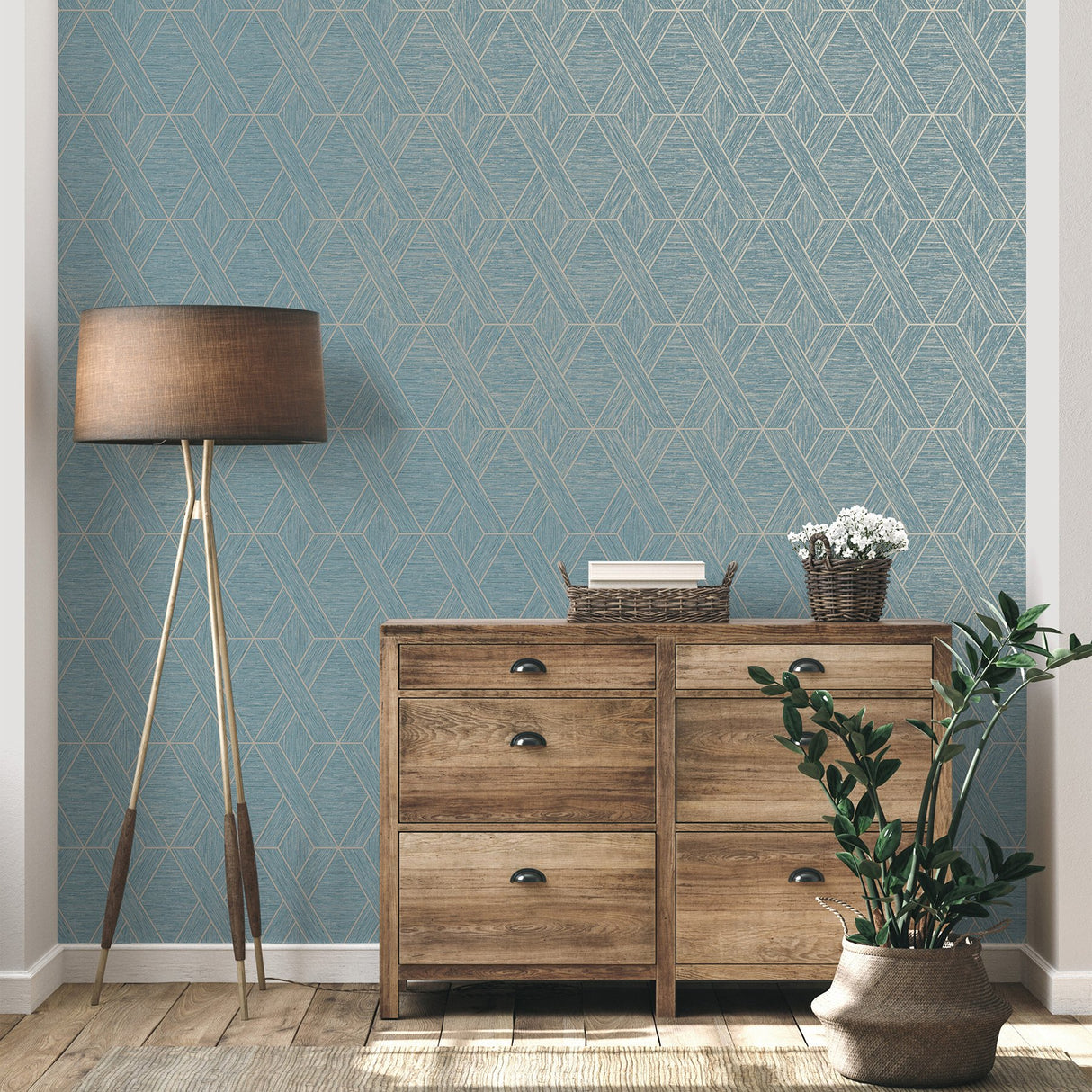 Malcolm Teal Geo Wallpaper with Metallic Textured Geometric Pattern - Fine Decor FD43154