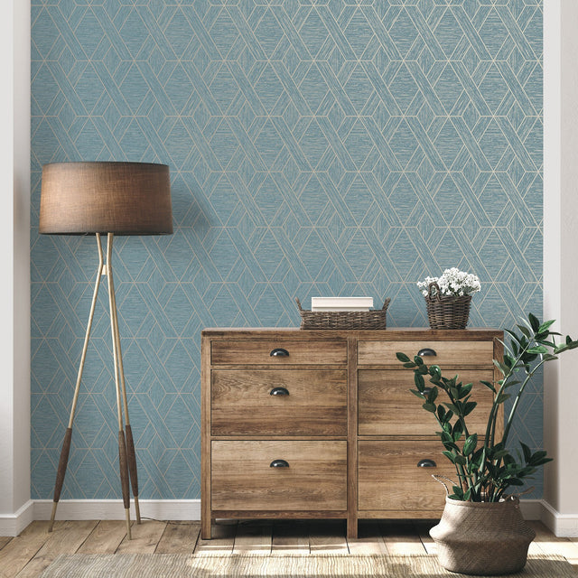 Malcolm Teal Geo Wallpaper with Metallic Textured Geometric Pattern - Fine Decor FD43154