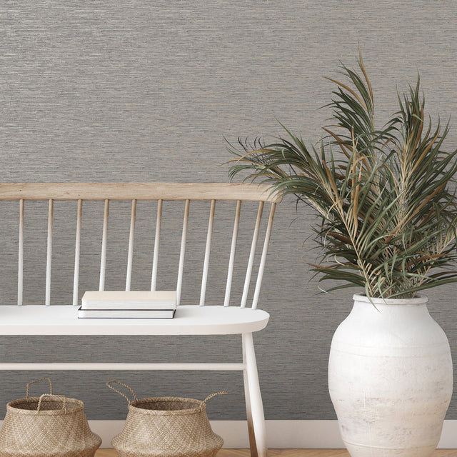 Mephi Grey Faux Grasscloth Textured Vinyl Wallpaper - Fine Decor FD43155