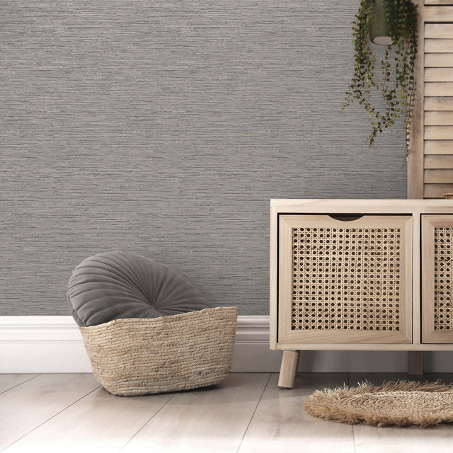 Mephi Grey Faux Grasscloth Textured Vinyl Wallpaper - Fine Decor FD43155