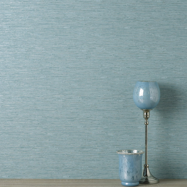 Mephi Teal Grasscloth Wallpaper with Faux Grasscloth Texture - Fine Decor FD43157
