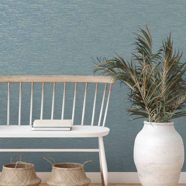 Mephi Teal Grasscloth Wallpaper with Faux Grasscloth Texture - Fine Decor FD43157