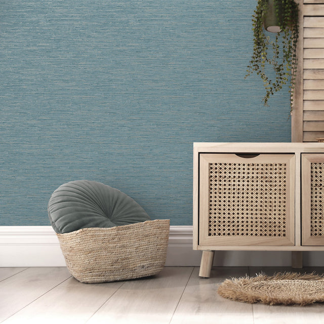 Mephi Teal Grasscloth Wallpaper with Faux Grasscloth Texture - Fine Decor FD43157