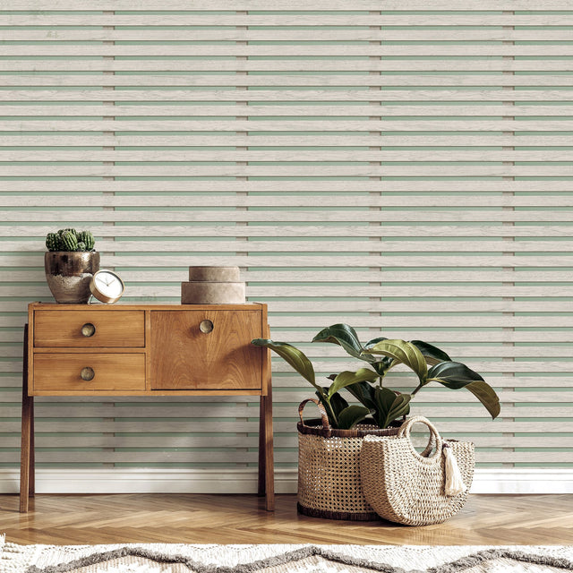 Marlow Sage Wood Slats Wallpaper with Farmhouse Wood Graphic Pattern - Fine Decor FD43218