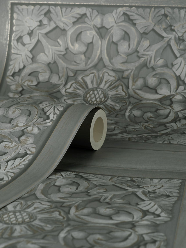 Albie Dark Grey Carved Panel Wallpaper with Wood Graphic Panel Motif - Fine Decor FD43274