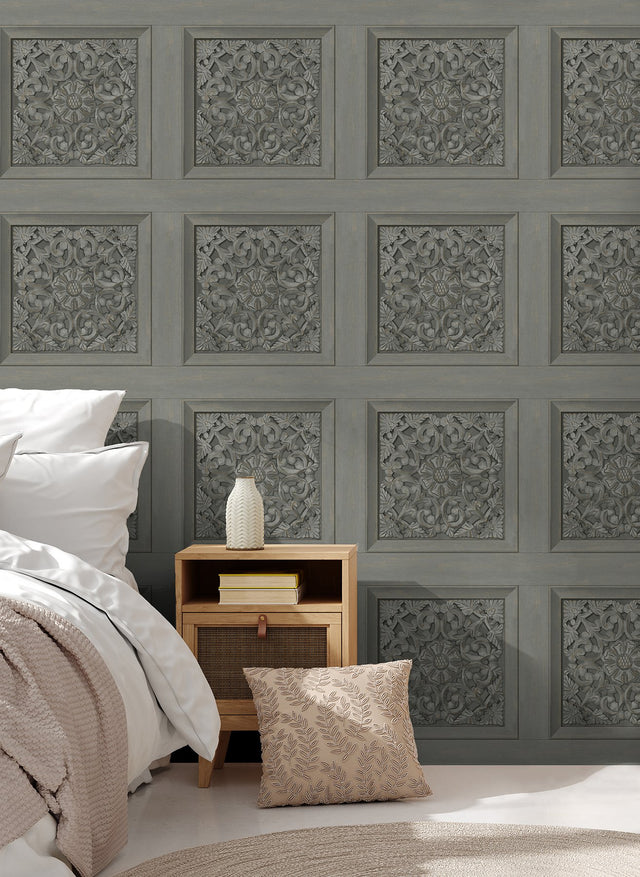 Albie Dark Grey Carved Panel Wallpaper with Wood Graphic Panel Motif - Fine Decor FD43274