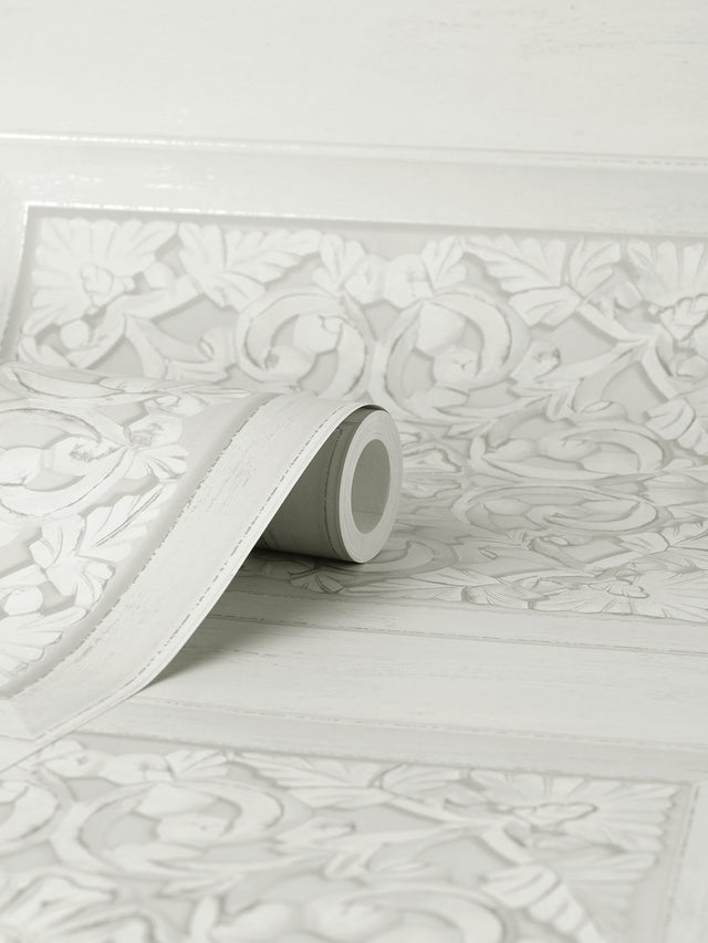 Albie Dove Carved Panel Wallpaper with Wood Graphic Motif - Fine Decor FD43275