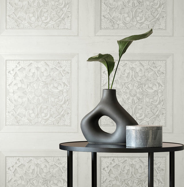 Albie Dove Carved Panel Wallpaper with Wood Graphic Motif - Fine Decor FD43275