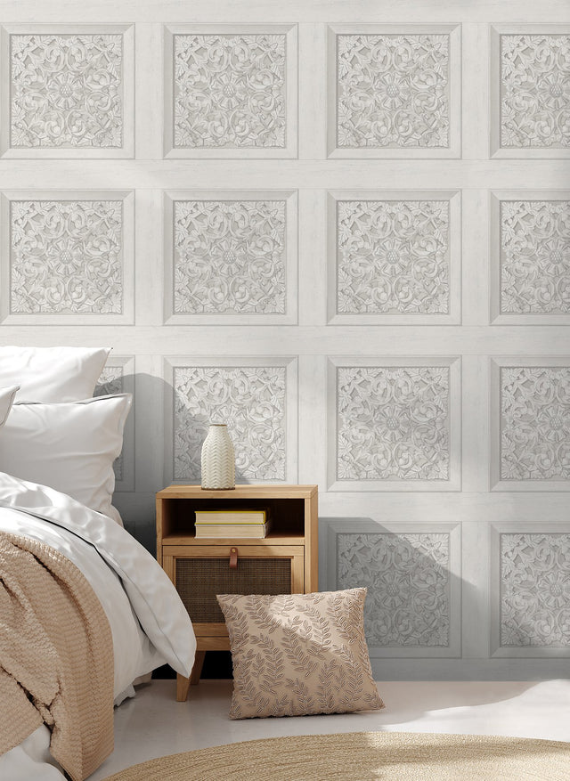Albie Dove Carved Panel Wallpaper with Wood Graphic Motif - Fine Decor FD43275