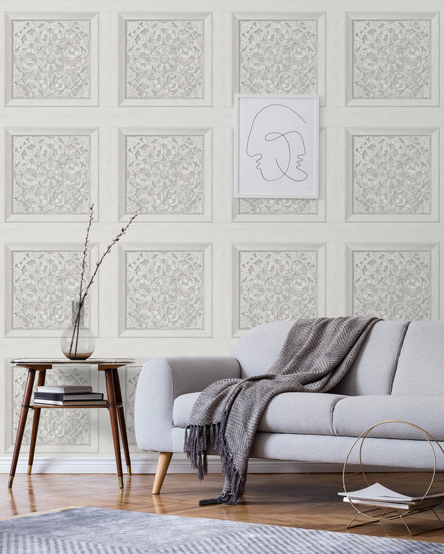 Albie Dove Carved Panel Wallpaper with Wood Graphic Motif - Fine Decor FD43275