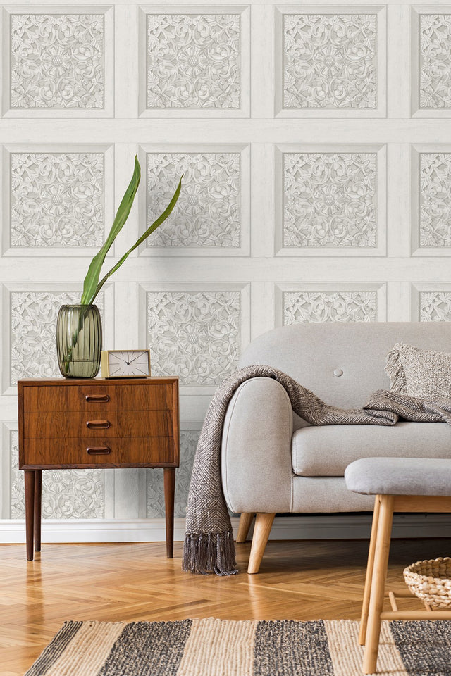 Albie Dove Carved Panel Wallpaper with Wood Graphic Motif - Fine Decor FD43275