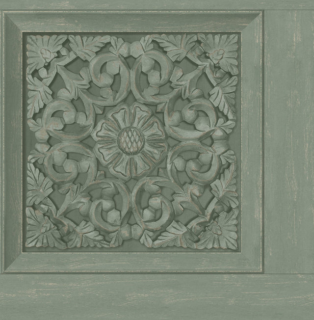 Albie Moss Carved Panel Green Wallpaper with Wood Carved Panel Motif - Fine Decor FD43276