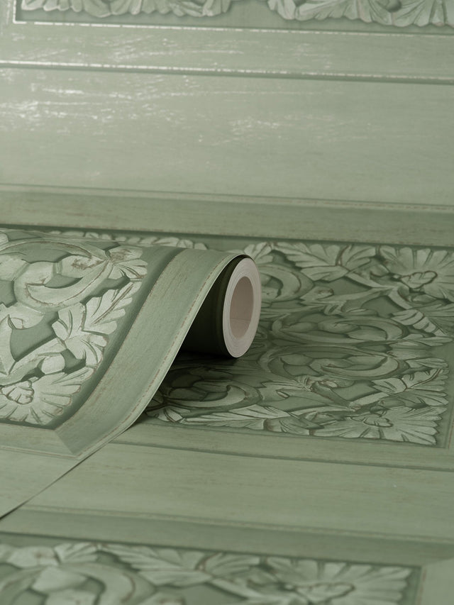 Albie Moss Carved Panel Green Wallpaper with Wood Carved Panel Motif - Fine Decor FD43276