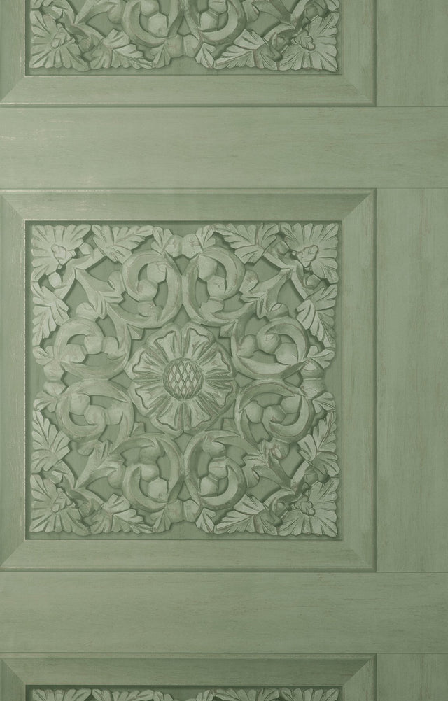 Albie Moss Carved Panel Green Wallpaper with Wood Carved Panel Motif - Fine Decor FD43276