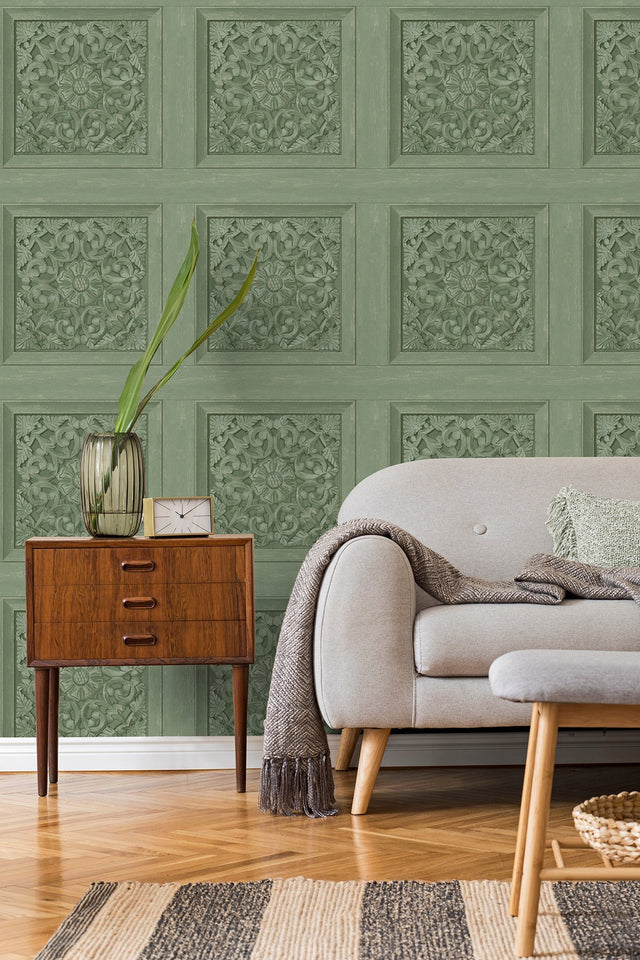 Albie Moss Carved Panel Green Wallpaper with Wood Carved Panel Motif - Fine Decor FD43276