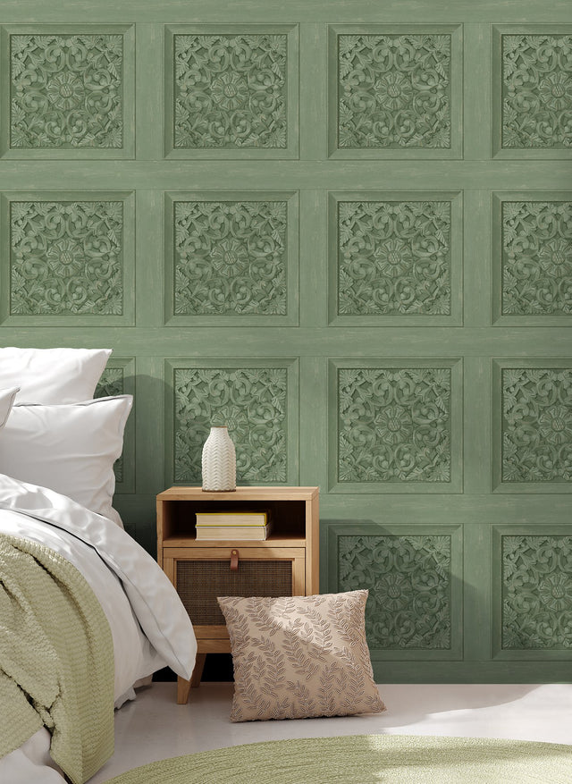 Albie Moss Carved Panel Green Wallpaper with Wood Carved Panel Motif - Fine Decor FD43276