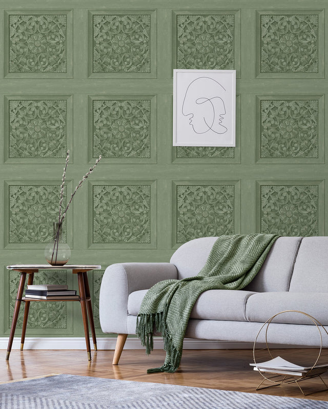 Albie Moss Carved Panel Green Wallpaper with Wood Carved Panel Motif - Fine Decor FD43276