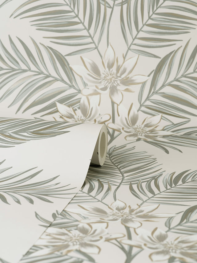 Bali Light Grey Palm Tropical Botanical Wallpaper - Fine Decor FD43277