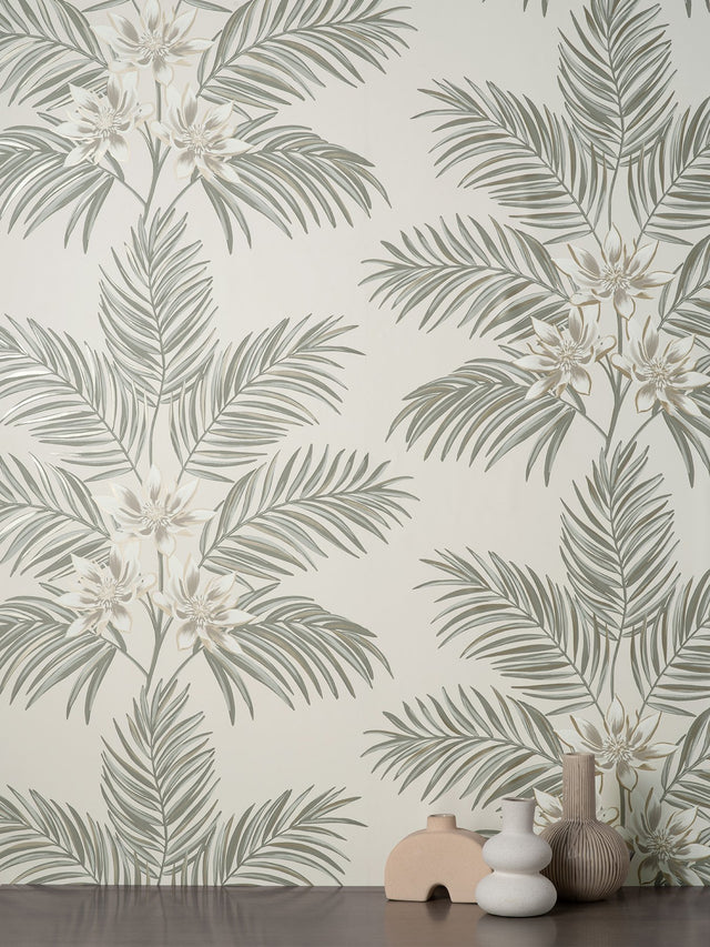 Bali Light Grey Palm Tropical Botanical Wallpaper - Fine Decor FD43277