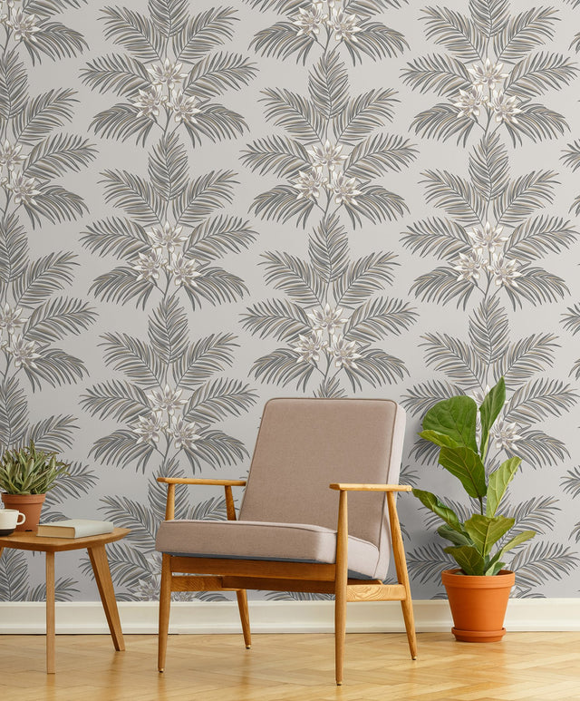 Bali Light Grey Palm Tropical Botanical Wallpaper - Fine Decor FD43277