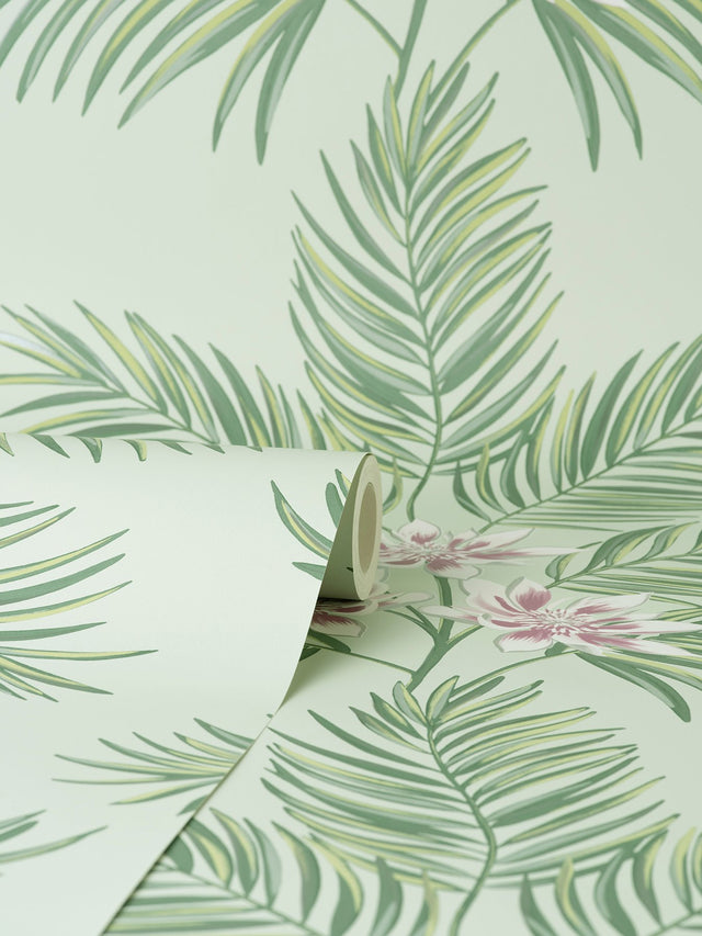 Bali Sage Palm Wallpaper with Tropical Botanical Palm and Floral Motif - Fine Decor FD43278