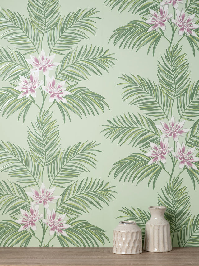 Bali Sage Palm Wallpaper with Tropical Botanical Palm and Floral Motif - Fine Decor FD43278