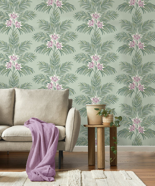 Bali Sage Palm Wallpaper with Tropical Botanical Palm and Floral Motif - Fine Decor FD43278