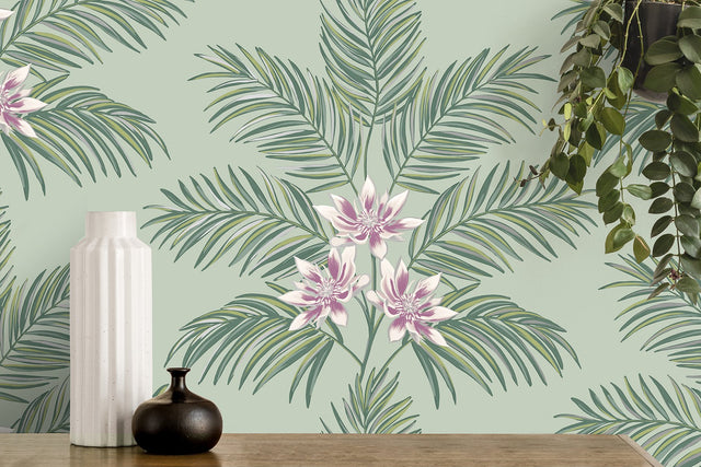 Bali Sage Palm Wallpaper with Tropical Botanical Palm and Floral Motif - Fine Decor FD43278