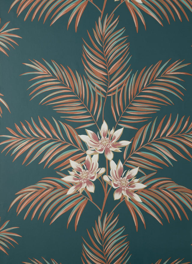 Bali Teal Palm Wallpaper with Tropical Botanical Palm and Floral Motif - Fine Decor FD43280