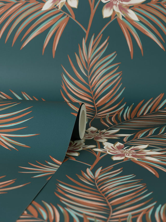 Bali Teal Palm Wallpaper with Tropical Botanical Palm and Floral Motif - Fine Decor FD43280