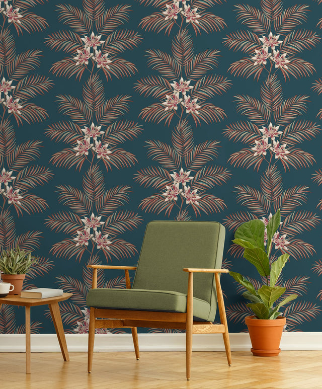 Bali Teal Palm Wallpaper with Tropical Botanical Palm and Floral Motif - Fine Decor FD43280