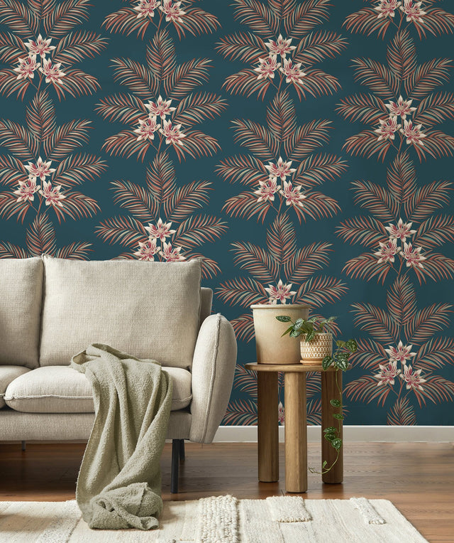 Bali Teal Palm Wallpaper with Tropical Botanical Palm and Floral Motif - Fine Decor FD43280
